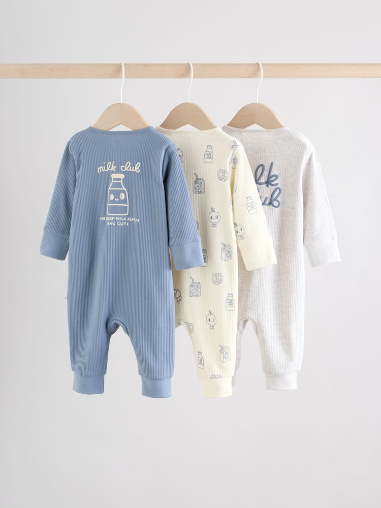 Blue Milk Club Two Way Zip Baby Sleepsuits 3 Pack (0mths-3yrs)