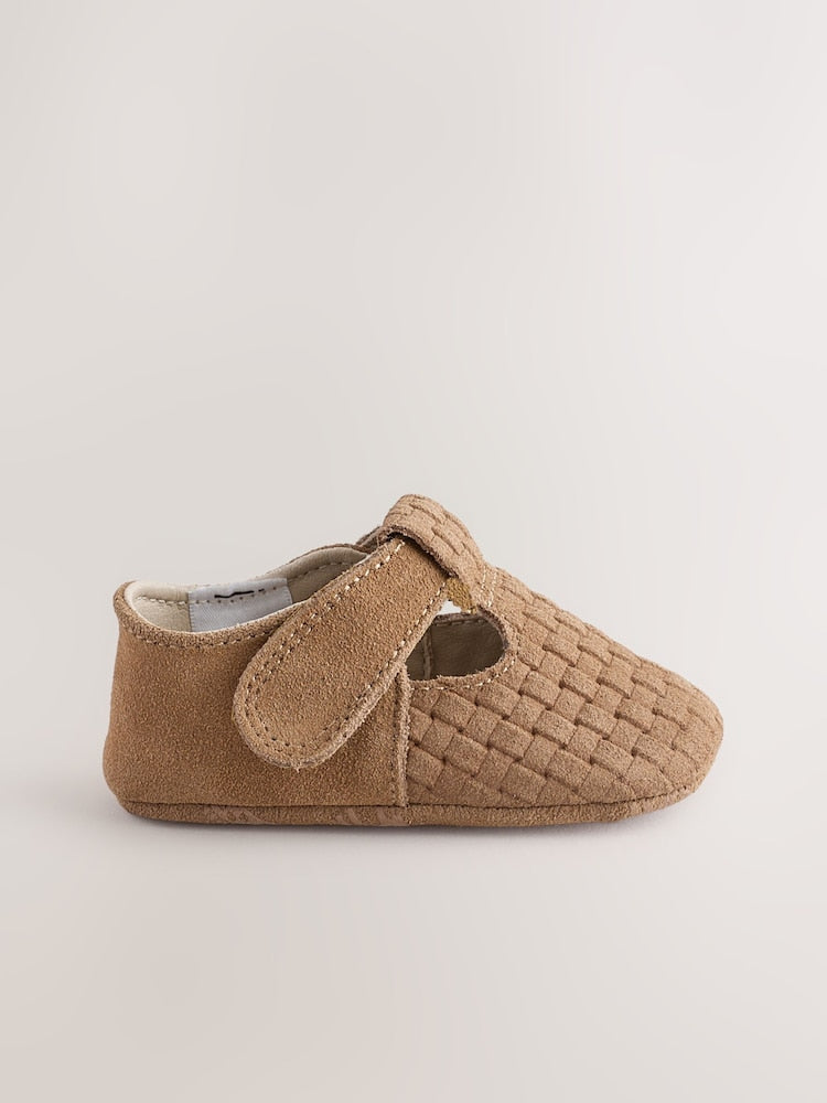 Tan Woven Suede Leather Baby T-Bar Shoes (0-24mths)