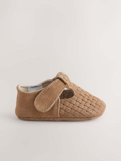 Tan Woven Suede Leather Baby T-Bar Shoes (0-24mths)