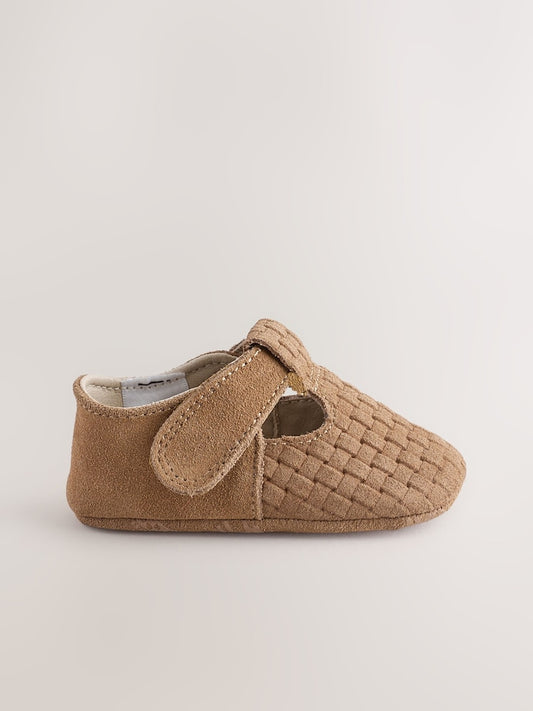 Tan Woven Suede Leather Baby T-Bar Shoes (0-24mths)