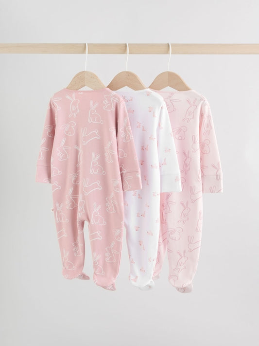 Pink Bunny Two Way Zip Baby Sleepsuits 3 Pack (0mths-2yrs)