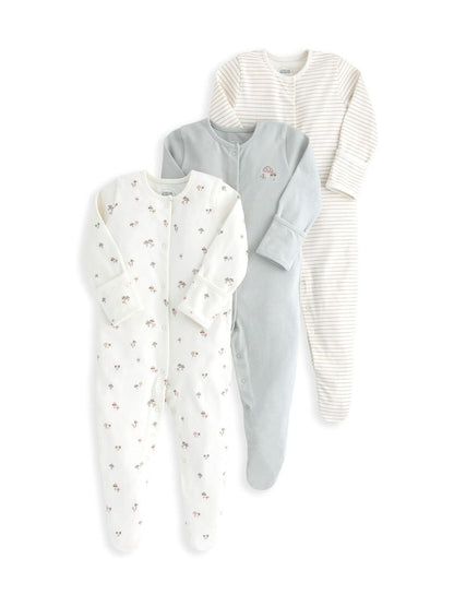 Mamas & Papas Grey Mushroom Prints 100% Cotton Sleepsuits 3 Pack