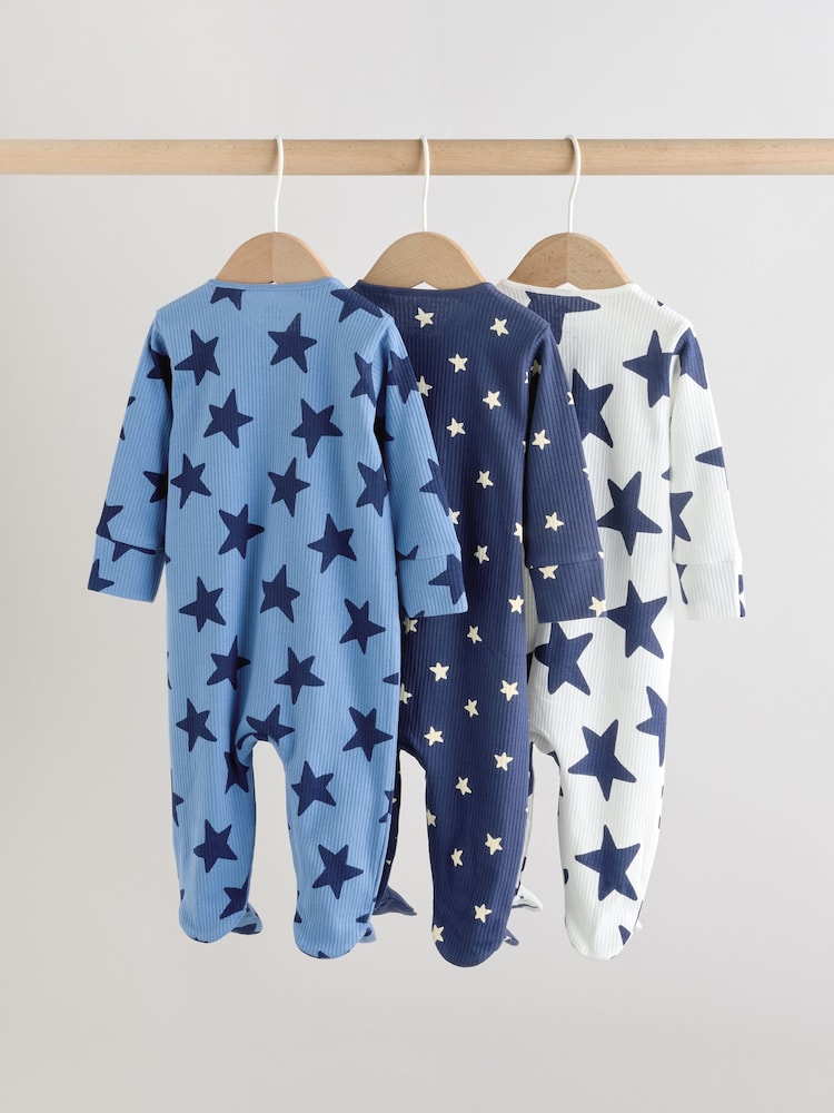 Navy Star Two Way Zip Baby Sleepsuits 3 Pack (0-2yrs)
