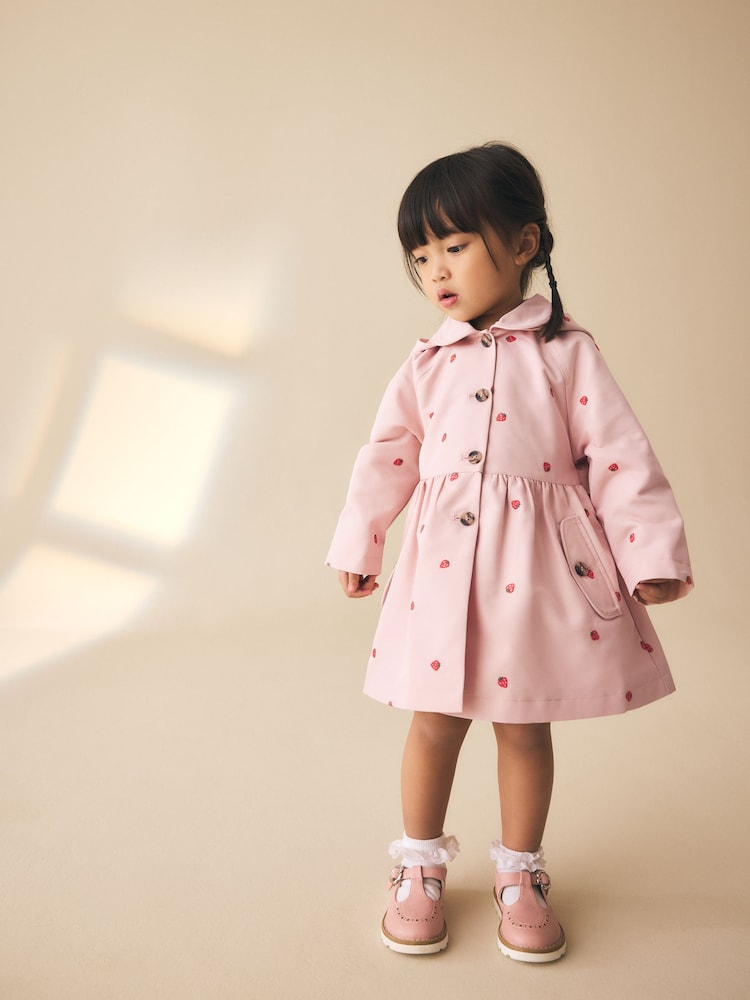Pink Embroidery Shower Resistant Button Front Coat