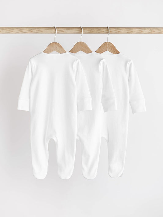 White Essential Zipped 100% Cotton Baby Sleepsuits 3 Pack