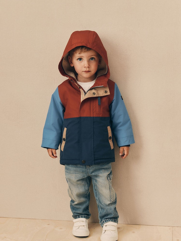 Navy/Red Colourblock Waterproof Borg Lined Parka