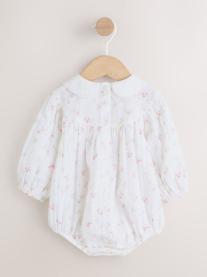 White/Pink Ditsy Baby Bloomer Rompers Set 2 Piece with Tights (0mths-3yrs)