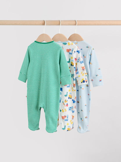 Multi Farm 3 Pack Baby Sleepsuits (0mths-2yrs)