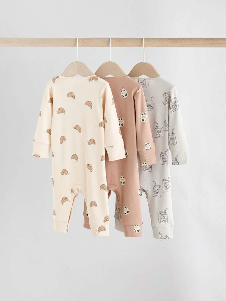 Neutral Croissant Breakfast Baby Footless Sleepsuits 3 Pack
