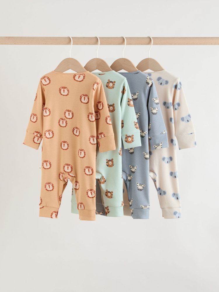 Multi Safari Animal Baby Sleepsuits 4 Pack (0mths-3yrs)