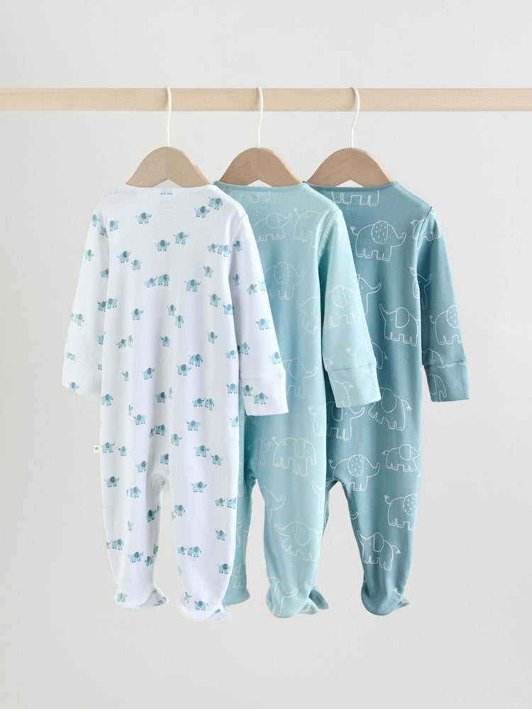 Blue Baby Linear Elephant Sleepsuits 3 Pack (0-2yrs)