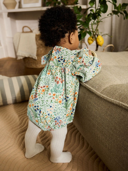 Green Floral Baby Bloomer Rompers Set 2 Piece with Tights