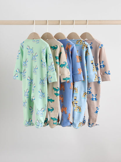 Multi Cotton Two Way Zip Baby Sleepsuits 5 Pack (0-2yrs)