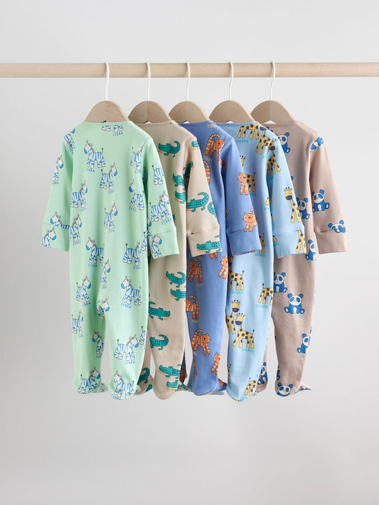 Multi Cotton Two Way Zip Baby Sleepsuits 5 Pack (0-2yrs)