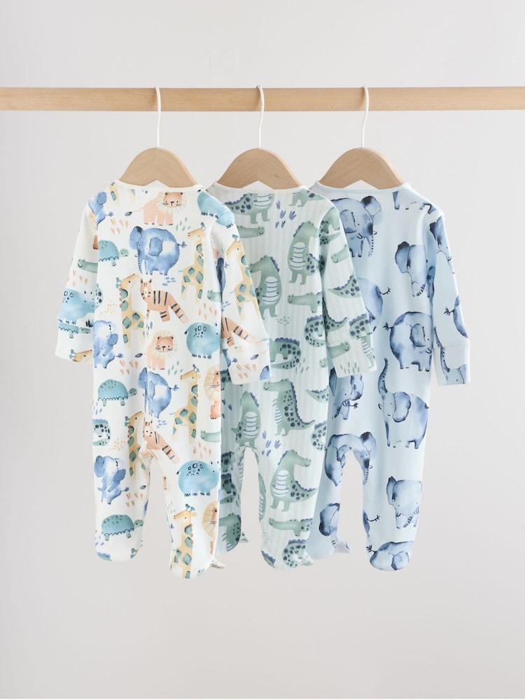 Blue Safari Two Way Zip Baby Sleepsuits 3 Pack (0mths-2yrs)