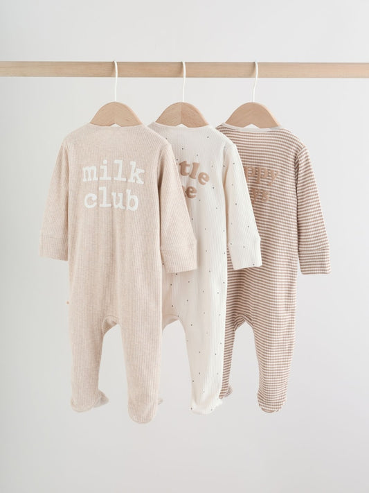 Neutral Milkclub Two Way Zip Baby Sleepsuits 3 Pack (0-2yrs)