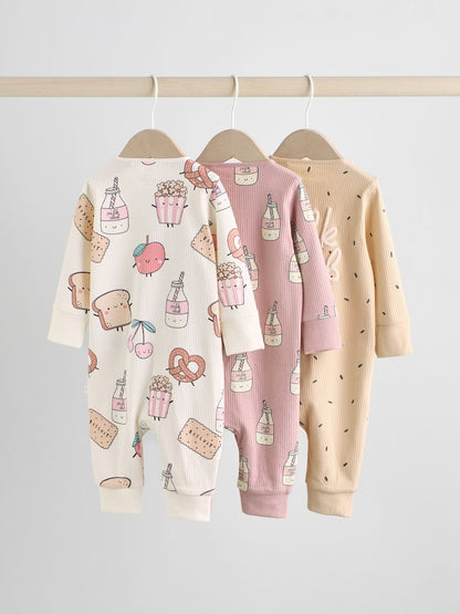 Multi Food Character Two Way Zip Baby Sleepsuits 3 Pack