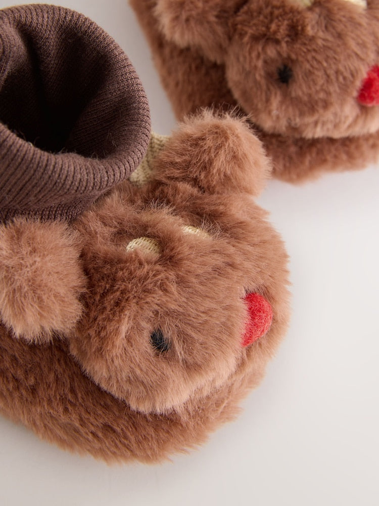 Tan Brown Christmas Reindeer Baby Socks Top Boots (0-18mths)