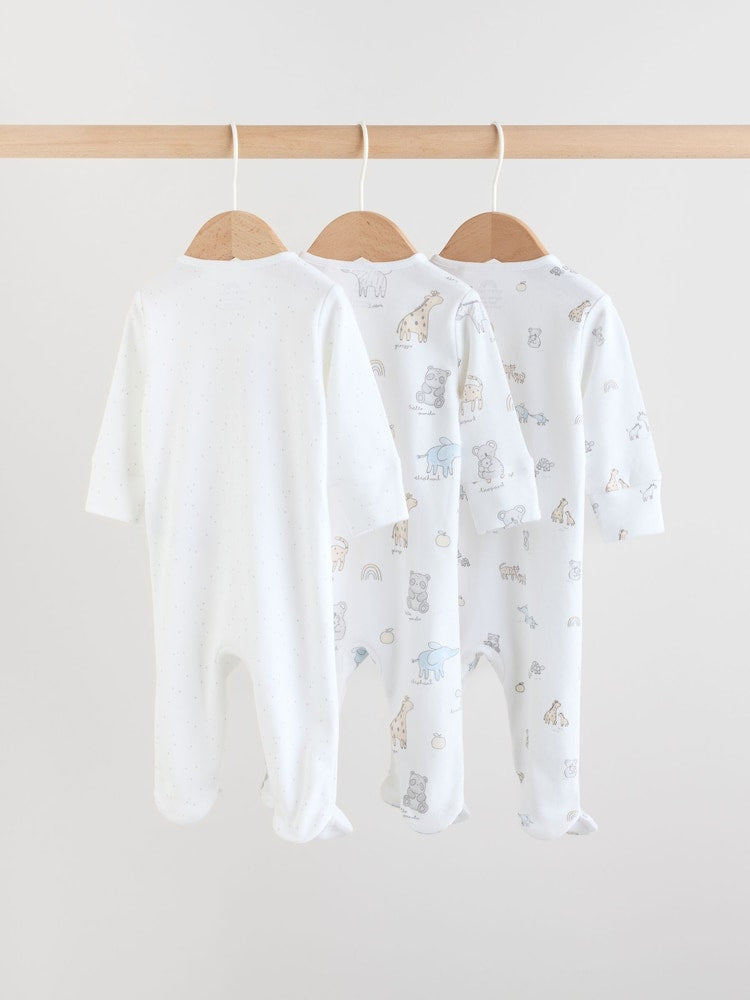 White Safari Baby Sleepsuits 3 Pack (0-2yrs)