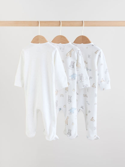 White Safari Baby Sleepsuits 3 Pack (0-2yrs)