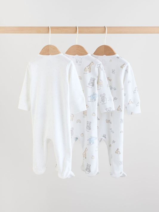 White Safari Baby Sleepsuits 3 Pack (0-2yrs)