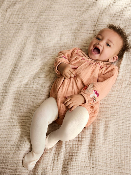 Tan Brown Embroidered Baby Bloomer Rompers Set 2 Piece with Tights (0mths-3yrs)