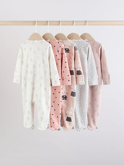 Brown/Cream 5 Pack Two Way Zip Baby Sleepsuits (0mths-2yrs)