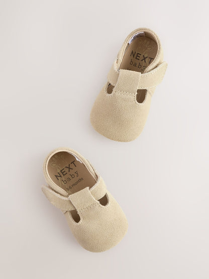 Stone Suede Leather Baby T-Bar Shoes (0-24mths)