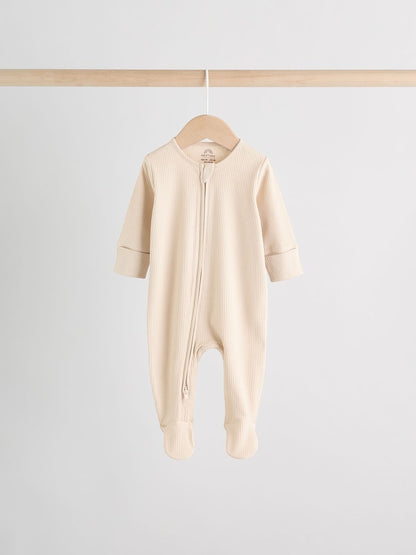 Beige Baby Two Way Zip Sleepsuits 3 Pack (0-2yrs)