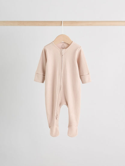 Beige Baby Two Way Zip Sleepsuits 3 Pack (0-2yrs)
