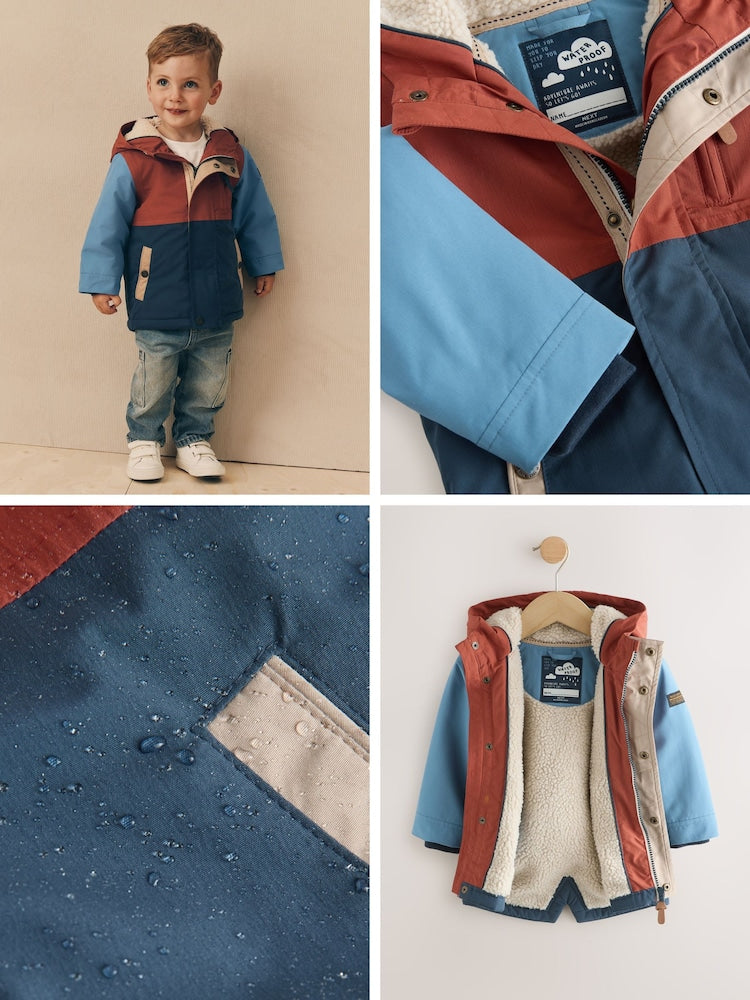 Navy/Red Colourblock Waterproof Borg Lined Parka