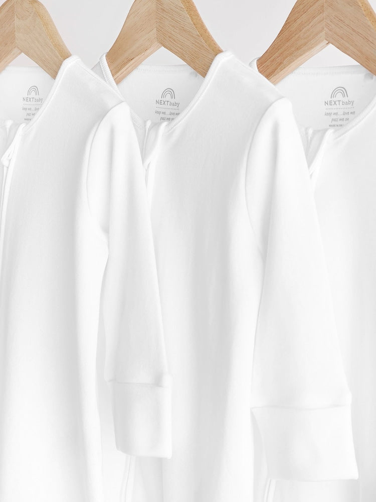 White Essential Zipped 100% Cotton Baby Sleepsuits 3 Pack