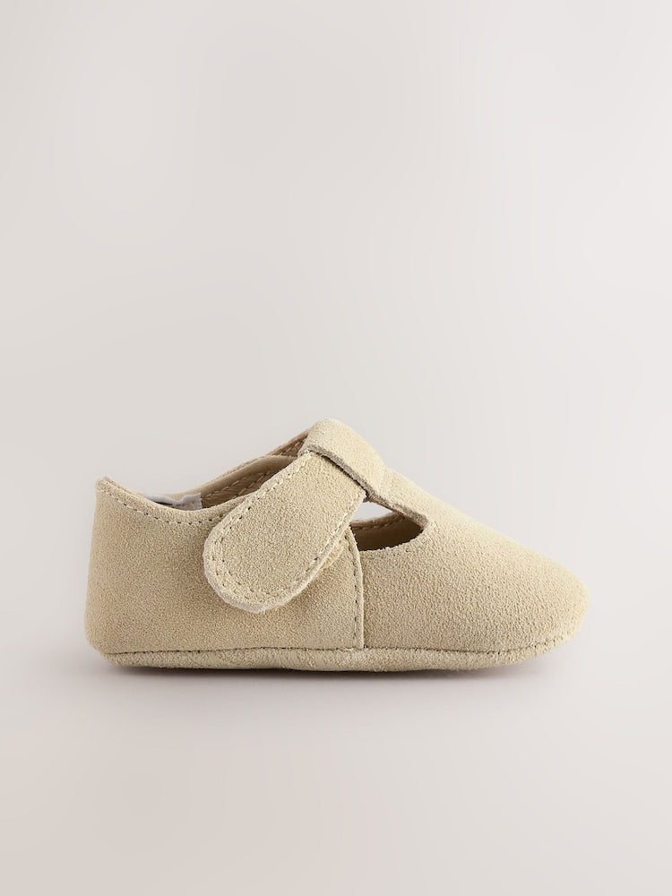 Stone Suede Leather Baby T-Bar Shoes (0-24mths)