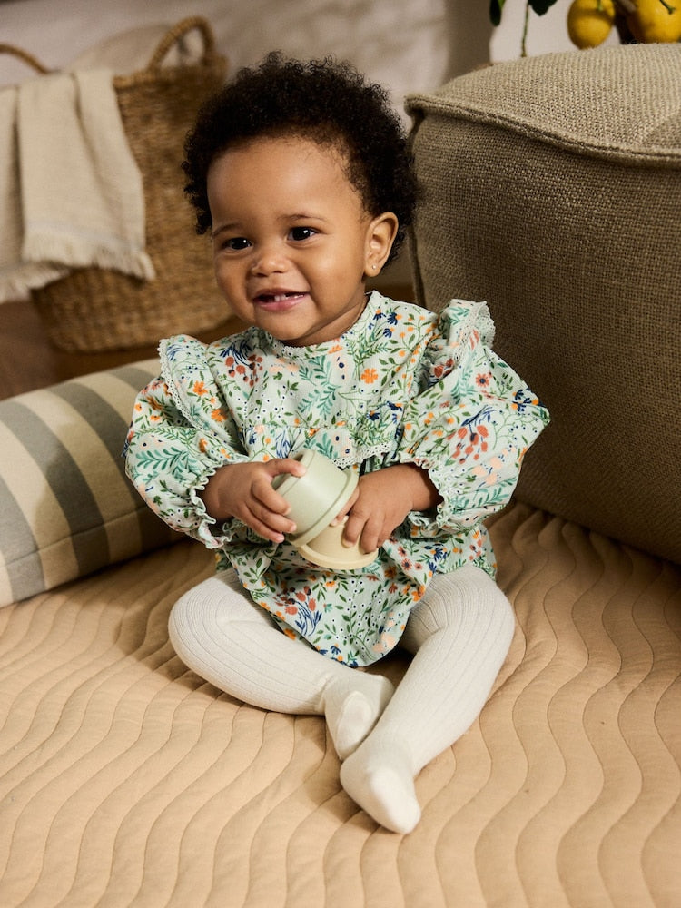 Green Floral Baby Bloomer Rompers Set 2 Piece with Tights