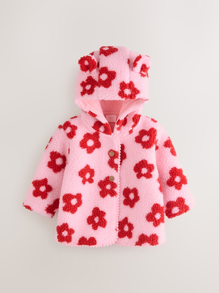 Pink Floral All Over Print Borg Hooded Baby Jacket (0mths-2yrs)