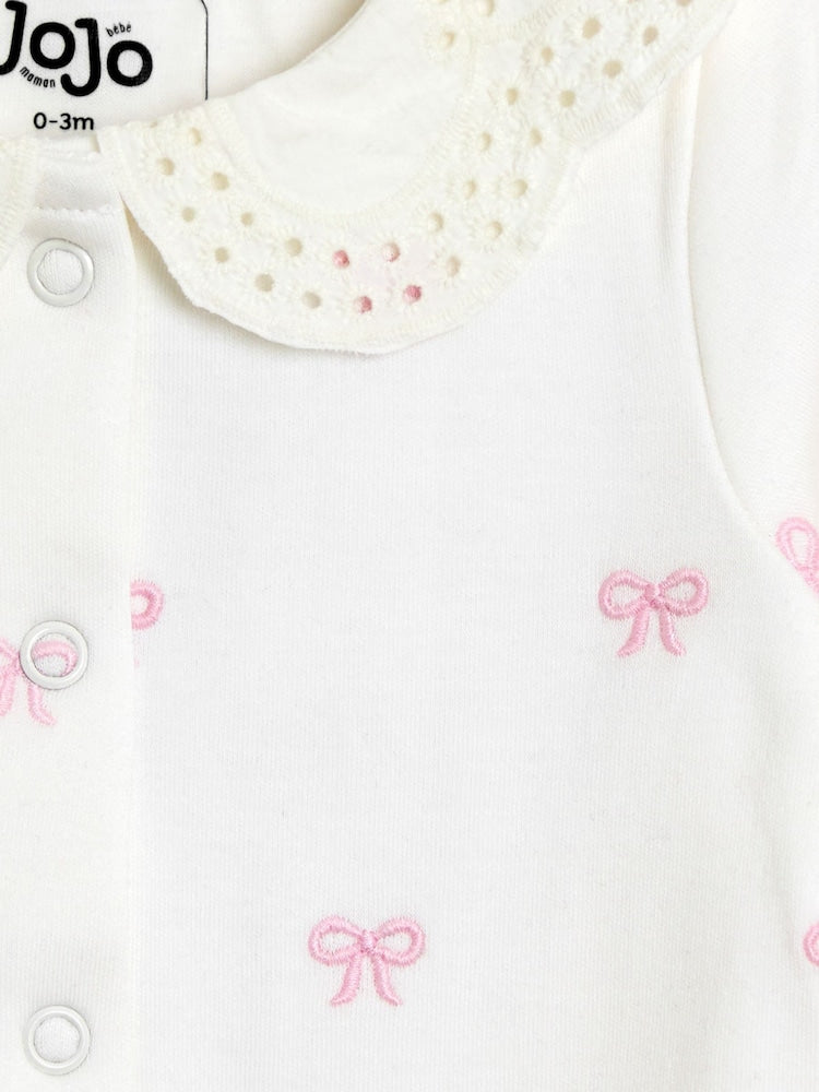 JoJo Maman Bébé Cream Pretty Bow Organic Cotton Embroidered Footed
