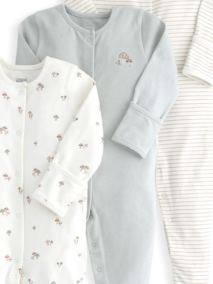 Mamas & Papas Grey Mushroom Prints 100% Cotton Sleepsuits 3 Pack