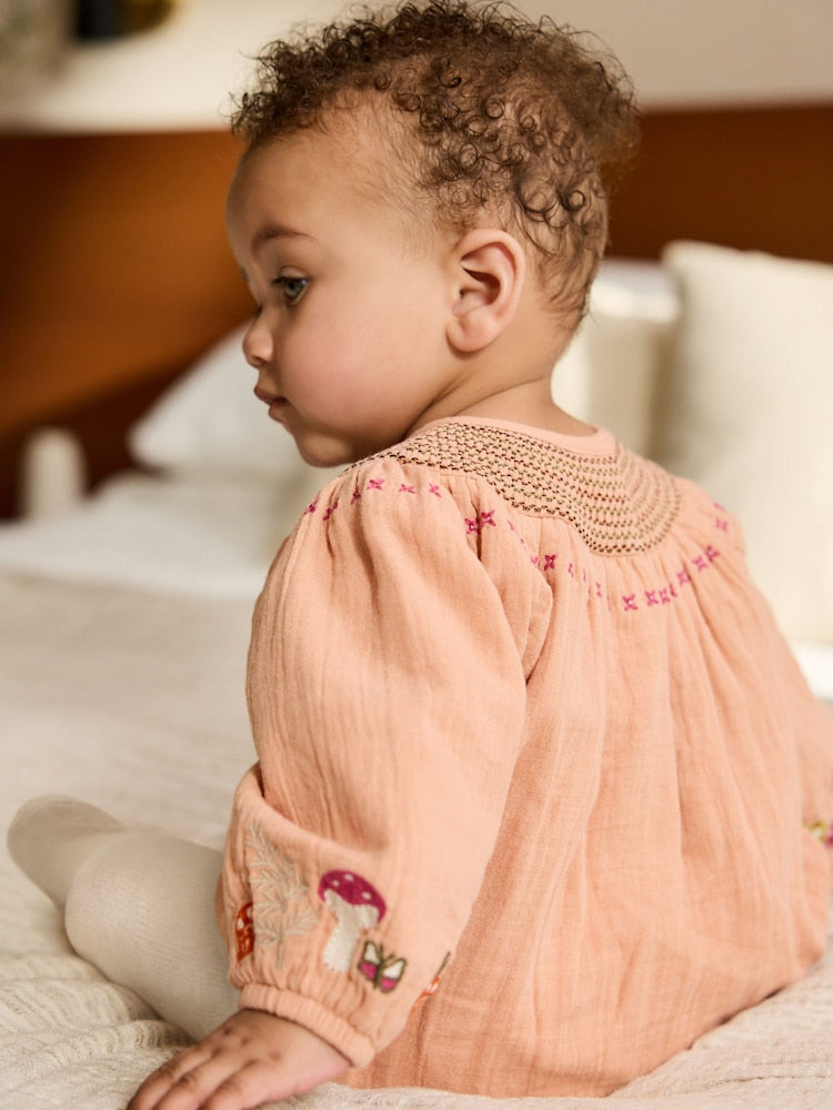 Tan Brown Embroidered Baby Bloomer Rompers Set 2 Piece with Tights (0mths-3yrs)