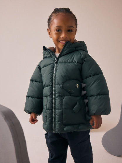 Khaki Green Dinosaur Pocket Padded Coat (3mths-7yrs)