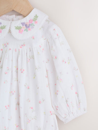 White/Pink Ditsy Baby Bloomer Rompers Set 2 Piece with Tights (0mths-3yrs)