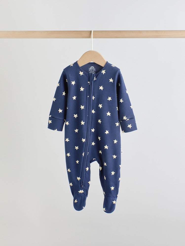 Navy Star Two Way Zip Baby Sleepsuits 3 Pack (0-2yrs)