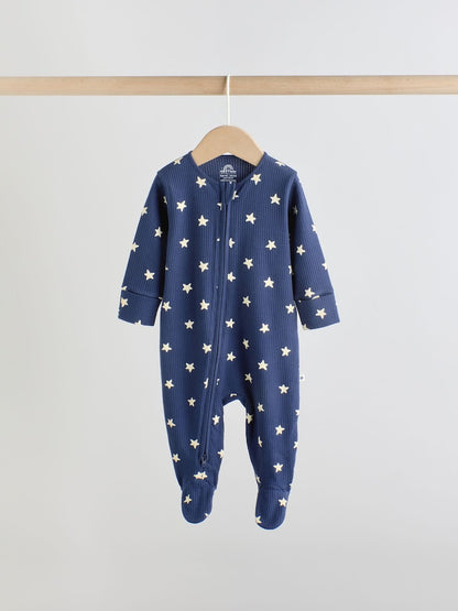 Navy Star Two Way Zip Baby Sleepsuits 3 Pack (0-2yrs)