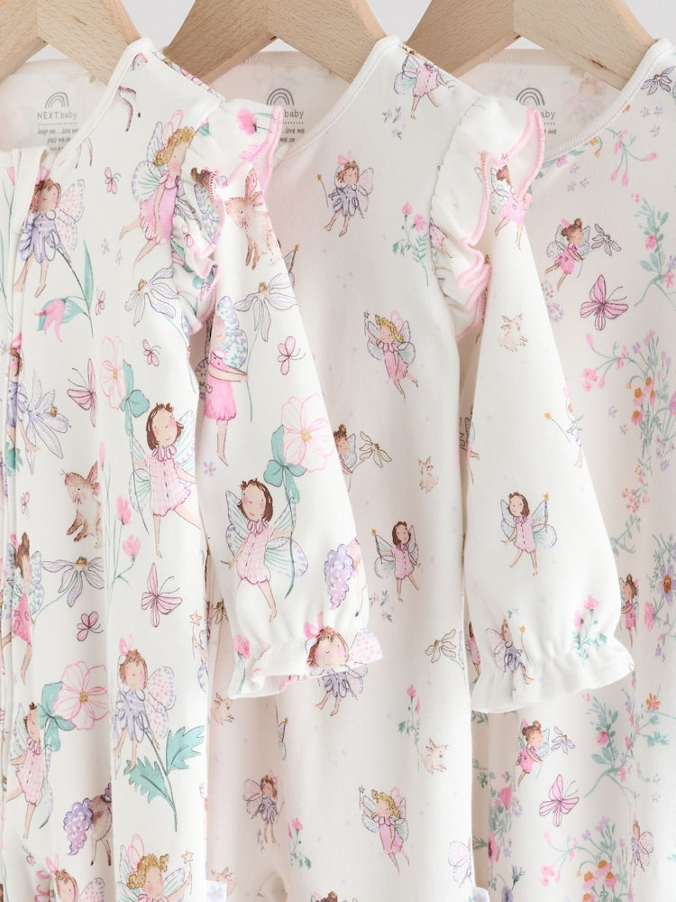 Ecru Fairy Two Way Zip Baby Sleepsuits 3 Pack (0-2yrs)