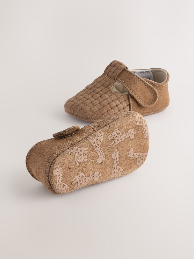 Tan Woven Suede Leather Baby T-Bar Shoes (0-24mths)