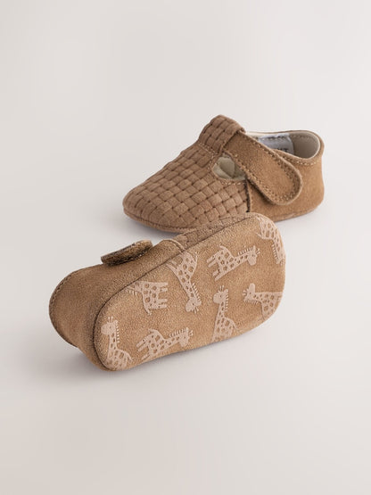 Tan Woven Suede Leather Baby T-Bar Shoes (0-24mths)
