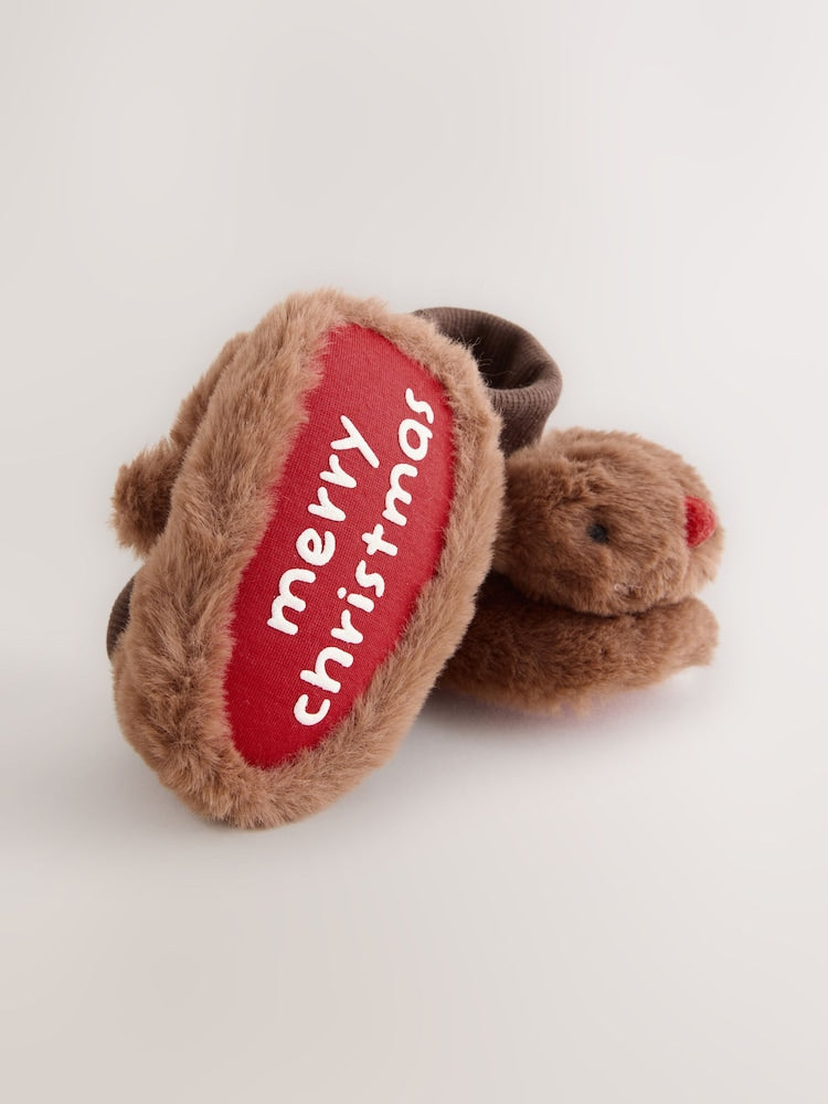 Tan Brown Christmas Reindeer Baby Socks Top Boots (0-18mths)