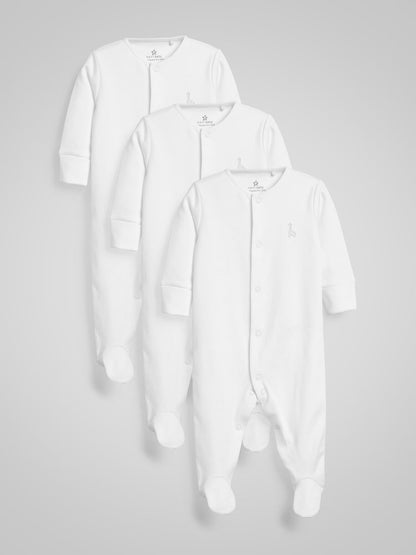 White 3 Pack 100% Cotton Baby Sleepsuits (0-18mths)