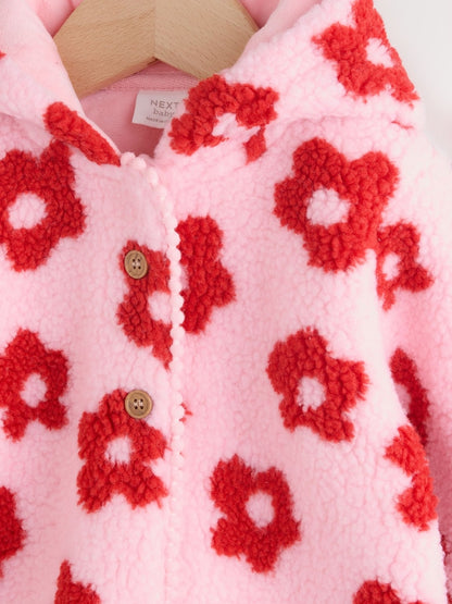 Pink Floral All Over Print Borg Hooded Baby Jacket (0mths-2yrs)