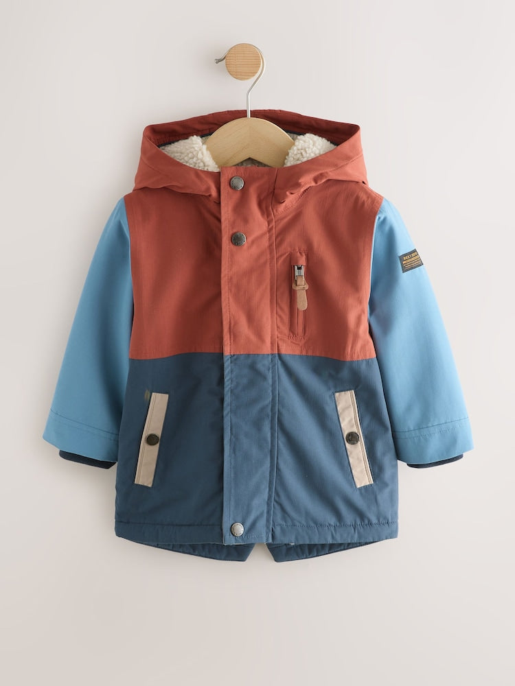 Navy/Red Colourblock Waterproof Borg Lined Parka