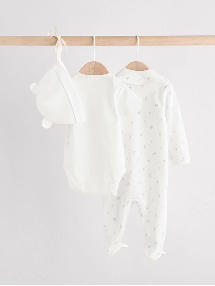 White Baby Sleepsuit, Bodysuit, Beanie and Bib Set 4 Piece (0-9mths)